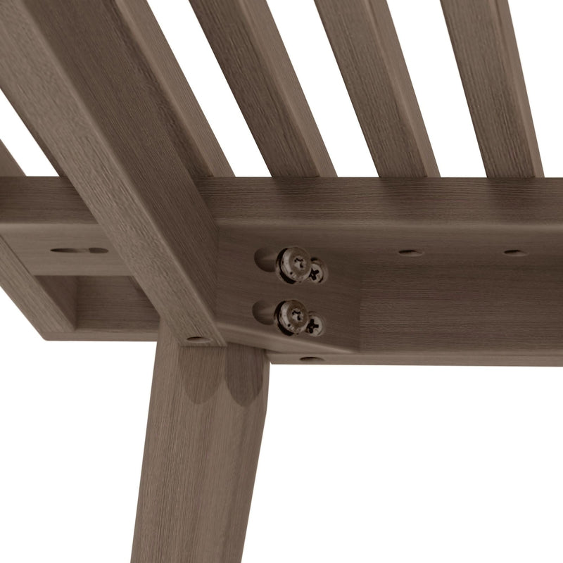 Close-up of a wooden furniture joint showing sturdy construction and craftsmanship.