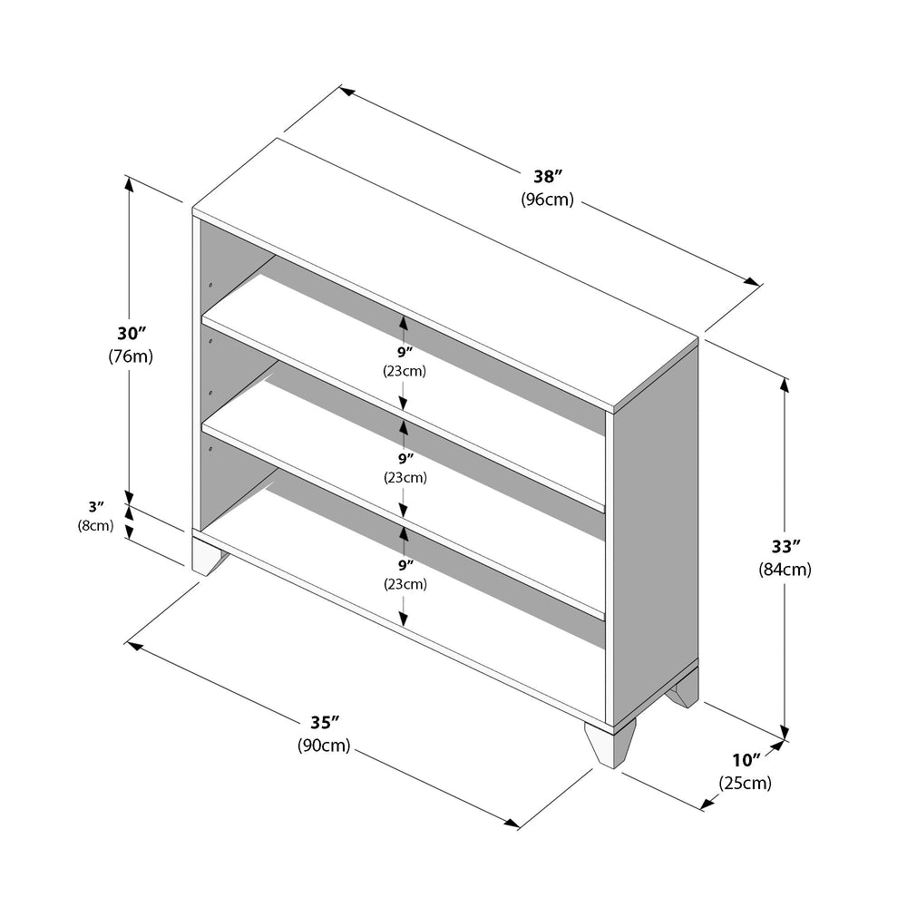 Three-shelf white bookcase dimensions illustration, featuring measurements of 38 inches wide, 33 inches high, and 10 inches deep, ideal for home office storage.