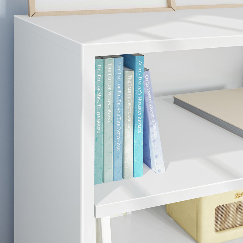 White bookshelf with colorful nursery rhyme books neatly aligned.