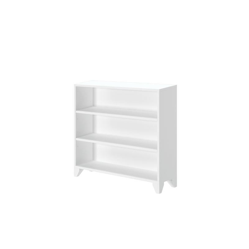 White wooden bookshelf with three open shelves for home or office storage.