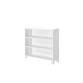 White three-tier wooden bookshelf on a white background.