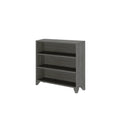 Gray wooden bookshelf with three shelves for home or office storage.