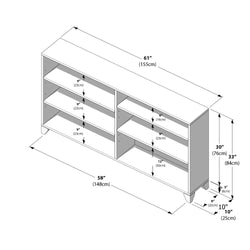 Diagram showing dimensions of a bookshelf with shelves, including measurements in inches and centimeters, ideal for home or office storage solutions.