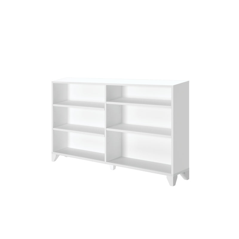 White wooden bookshelf with six open shelves, modern minimalist design for home or office storage.
