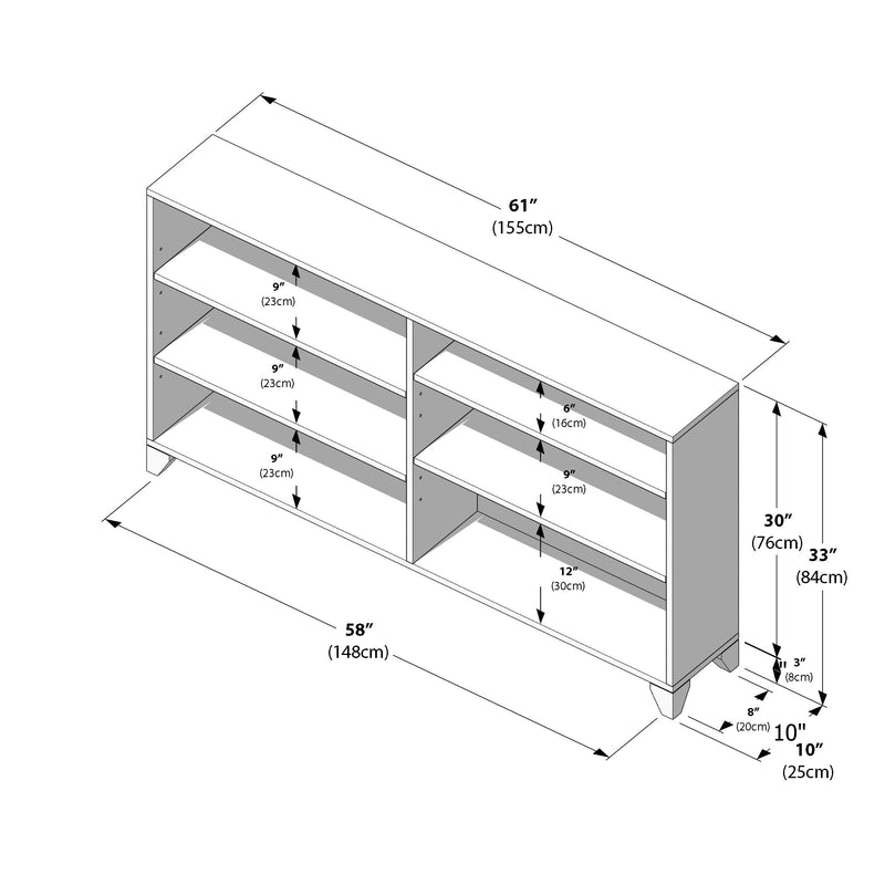 Isometric diagram of a low media console/storage shelving unit with labeled dimensions in inches and centimeters — overall width 61" (155cm), base 58" (148cm), height 33" (84cm), depth 10" (25cm), and shelf clearances 9" (23cm), 6" (16cm) and 12" (30cm).