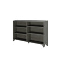 Modern gray wood bookcase with six open shelves and tapered legs, ideal for living room storage and decor display