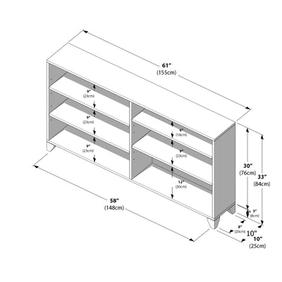 Isometric dimensions diagram of a storage console cabinet with shelving — 61