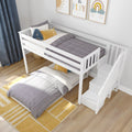 White wooden loft bunk bed with staircase storage, twin top bunk and lower bed with gray bedding and yellow accents in modern kids' bedroom