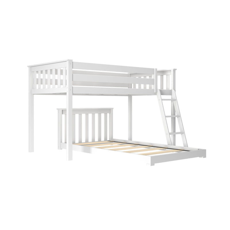 White wooden loft bed with safety rails and angled ladder, slatted lower bed frame, modern space-saving kids' bunk bed