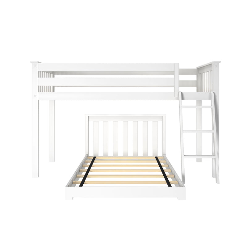 White wooden bunk bed with ladder, ideal for kids' bedrooms and space-saving solutions.