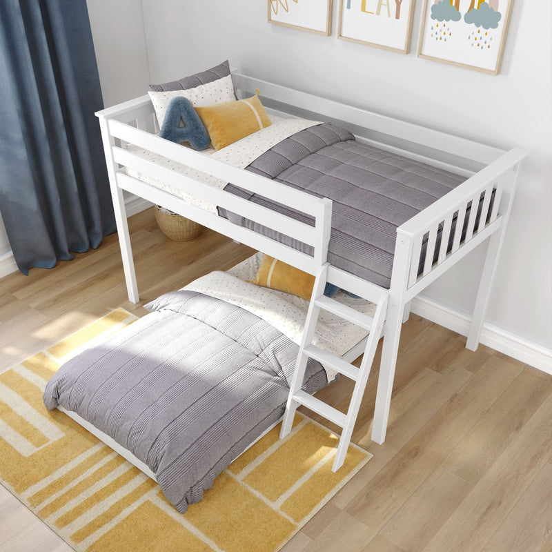 White kids' loft bed with ladder and trundle, featuring gray and yellow bedding, in a modern children's bedroom.