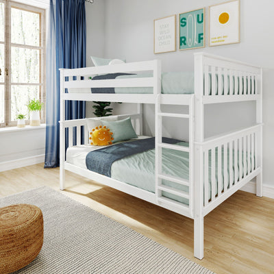 White wooden bunk bed with ladder in a bright modern kids' bedroom, teal bedding, sun-shaped plush pillow, blue curtains and framed wall art