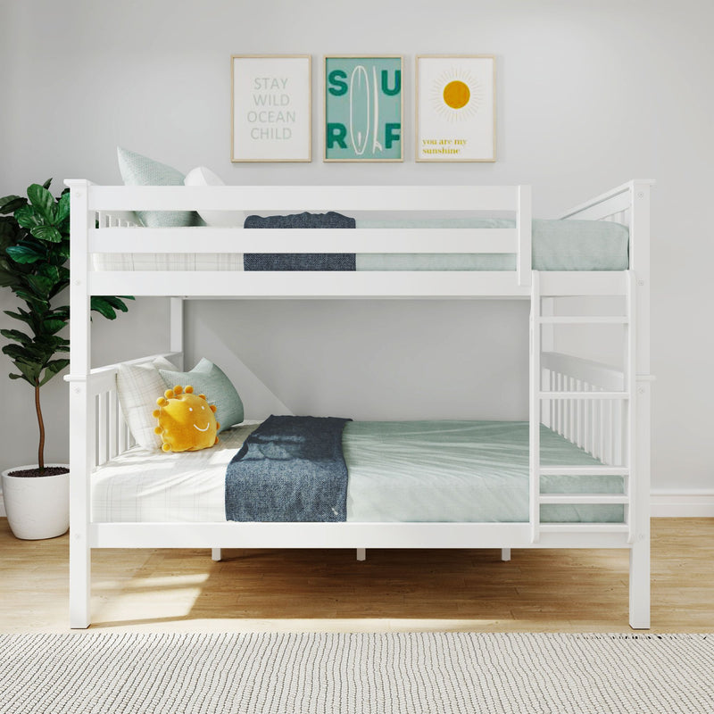 White wooden bunk bed with green bedding and decorative pillows in a modern, minimalist bedroom with wall art and indoor plant.