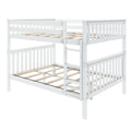 White wooden bunk bed frame with ladder and vertical slatted guardrails, loft-style design with wooden slat mattress support