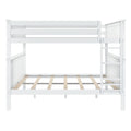 White wooden loft bed frame with ladder, guard rails and slatted mattress support, modern space-saving bunk bed for kids and nursery