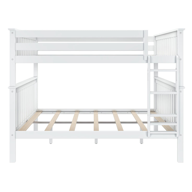 White wooden loft bed frame with ladder, guard rails and slatted mattress support, modern space-saving bunk bed for kids and nursery