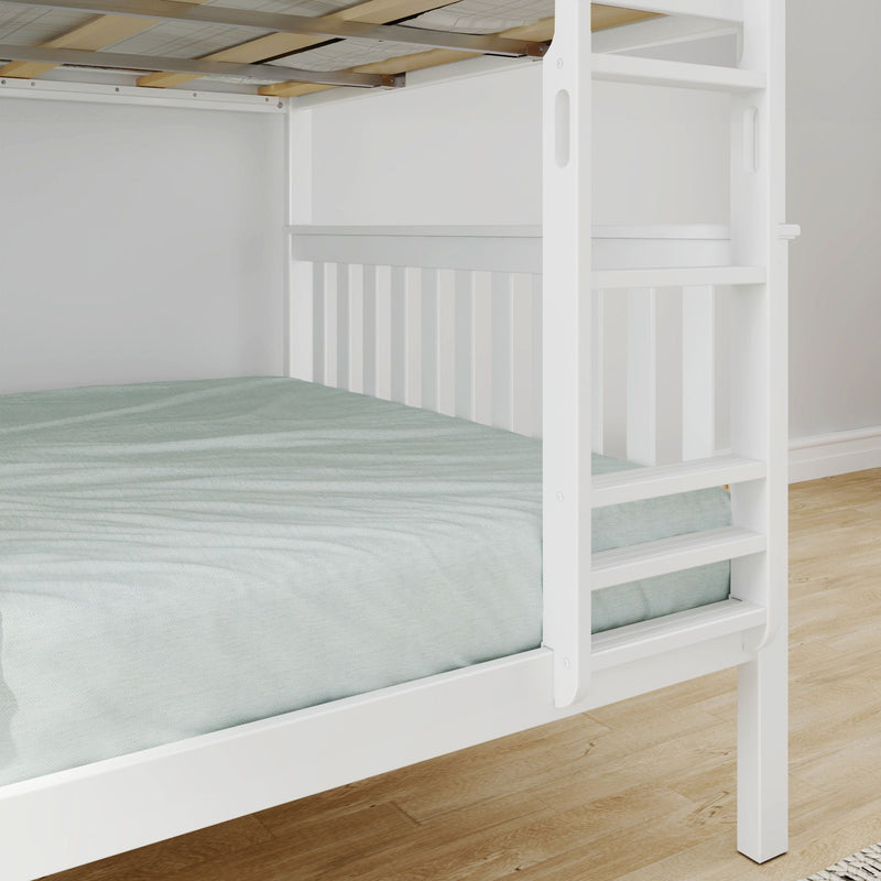 Close-up of a white wooden bunk bed ladder and slatted guardrail with mint green bedding on light hardwood floor in a modern children's bedroom