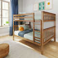 Natural wooden twin-over-twin bunk bed with ladder in bright modern kids' bedroom, blue curtains and sun-themed decor
