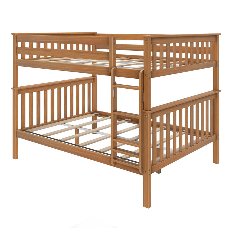 Wooden bunk bed frame with ladder and slatted design.