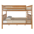 Solid wood two-tier bunk bed with ladder in natural oak finish and beige bedding, space-saving bedroom solution for kids and guest rooms.