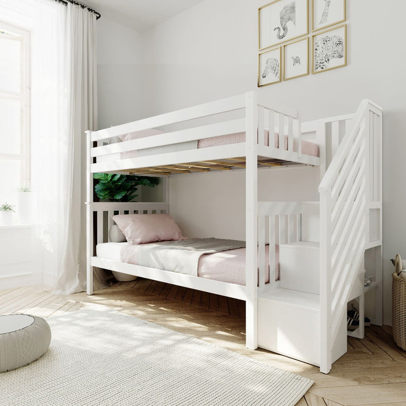 White modern bunk bed with stairs in a bright, minimalist children's bedroom featuring cozy pink bedding and natural light.