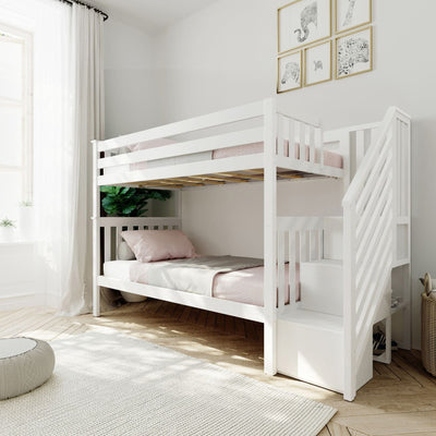 White wooden bunk bed with stairs in bright modern kids bedroom, pink bedding, framed animal prints, houseplant and sheer curtains