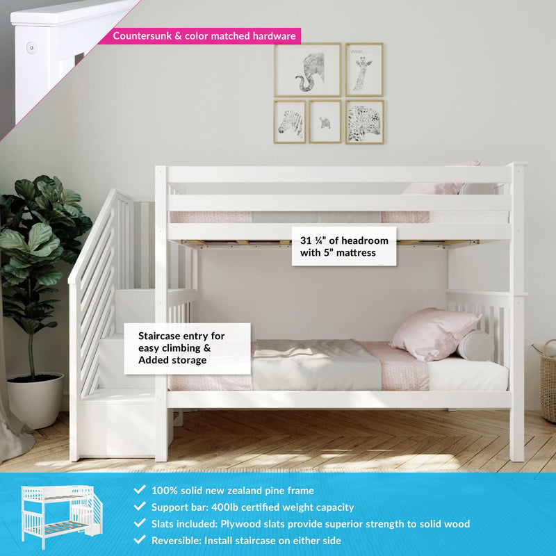 White solid New Zealand pine twin-over-twin bunk bed with staircase entry and built-in storage, reversible layout, 31 1/4 in headroom with 5 in mattress, plywood slats and 400 lb support bar, modern children’s bedroom