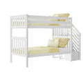 White wooden twin-over-full bunk bed with staircase and built-in storage, yellow bedding and pillows, space-saving kids' bedroom furniture for small rooms