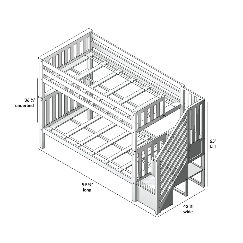 Bunk bed with ladder and slide, detailed dimensions: 65" tall, 99.5" long, 42.5" wide, underbed 36.25".