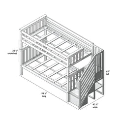 Bunk bed with ladder and slide, detailed dimensions: 65" tall, 99.5" long, 42.5" wide, underbed 36.25".
