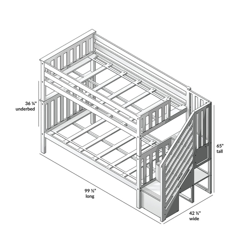 Bunk bed with ladder and slide, detailed dimensions: 65" tall, 99.5" long, 42.5" wide, underbed 36.25".