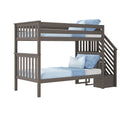 Gray wood twin-over-full bunk bed with built-in staircase and storage drawers, slatted guardrails and light blue bedding — modern kids' bedroom furniture