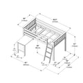 Dimensional diagram of a twin loft bed with built-in desk and angled ladder, white wooden frame — overall 82.5" (210 cm) L × 43" (110 cm) W × 51" (130 cm) H with 34" (86 cm) under-bed clearance, labeled measurements for desk and ladder