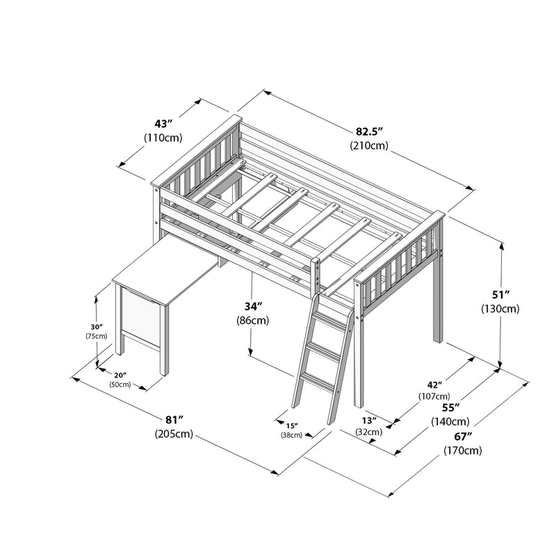 Dimensional diagram of a twin loft bed with built-in desk and angled ladder, white wooden frame — overall 82.5" (210 cm) L × 43" (110 cm) W × 51" (130 cm) H with 34" (86 cm) under-bed clearance, labeled measurements for desk and ladder