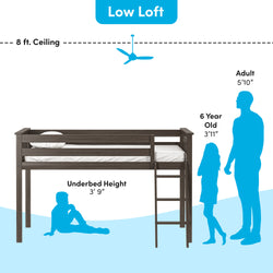 Low loft bed with underbed height comparison, suitable for 8 ft ceiling, demonstrating size relative to an adult and a 6-year-old child.