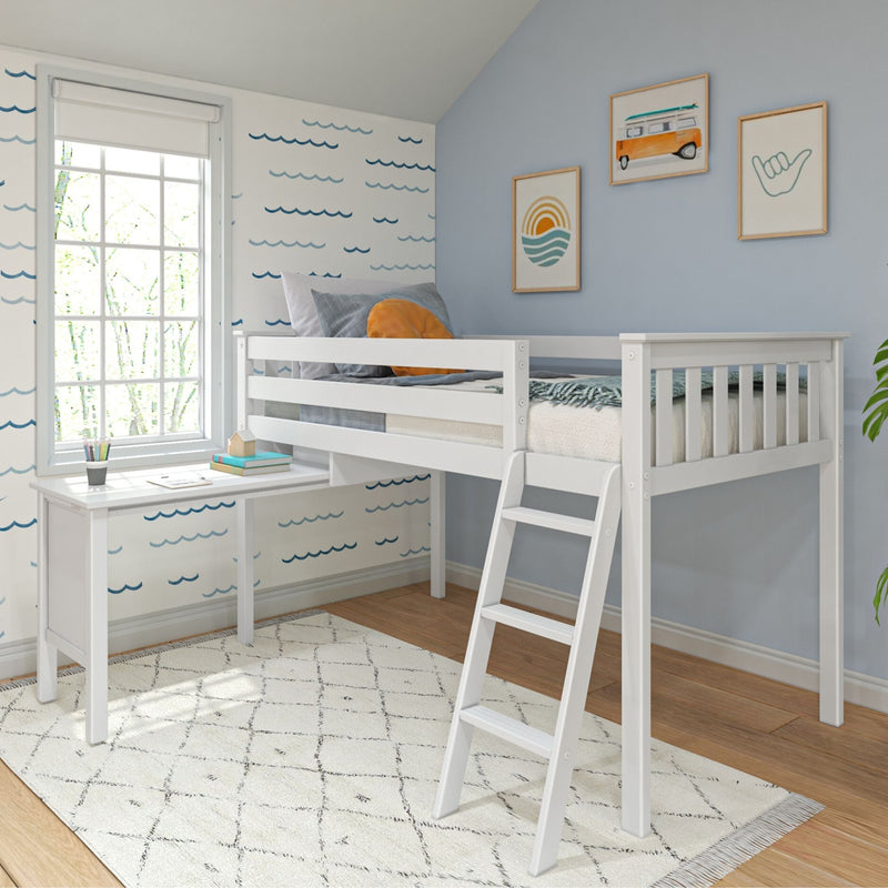 White loft bed with ladder and built-in desk in a coastal kids' room with blue wave wallpaper, framed surf-van art and sunny window
