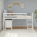 White wooden loft bed with ladder and pull-out desk in a modern coastal kids' bedroom with blue walls, surf-themed wall art and patterned area rug