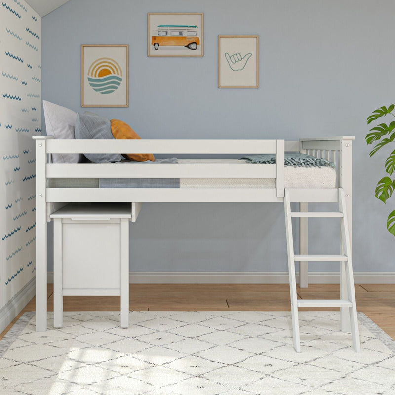 White wooden loft bed with ladder and pull-out desk in a modern coastal kids' bedroom with blue walls, surf-themed wall art and patterned area rug