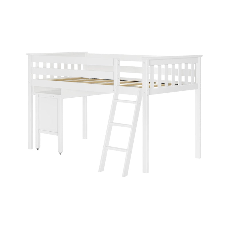 White wooden loft bed with ladder and attached desk for children's bedroom.