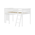 White wooden twin loft bed with safety rails and ladder featuring under-bed rolling storage cabinet space-saving kids bedroom furniture
