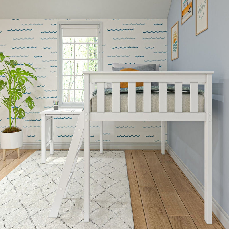White wooden loft bed with ladder, small desk underneath, patterned wall and decorative plant in a modern kid's room.