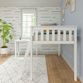 White children's loft bed with ladder and study desk, coastal wave wallpaper, potted plant and window in a modern kids' bedroom