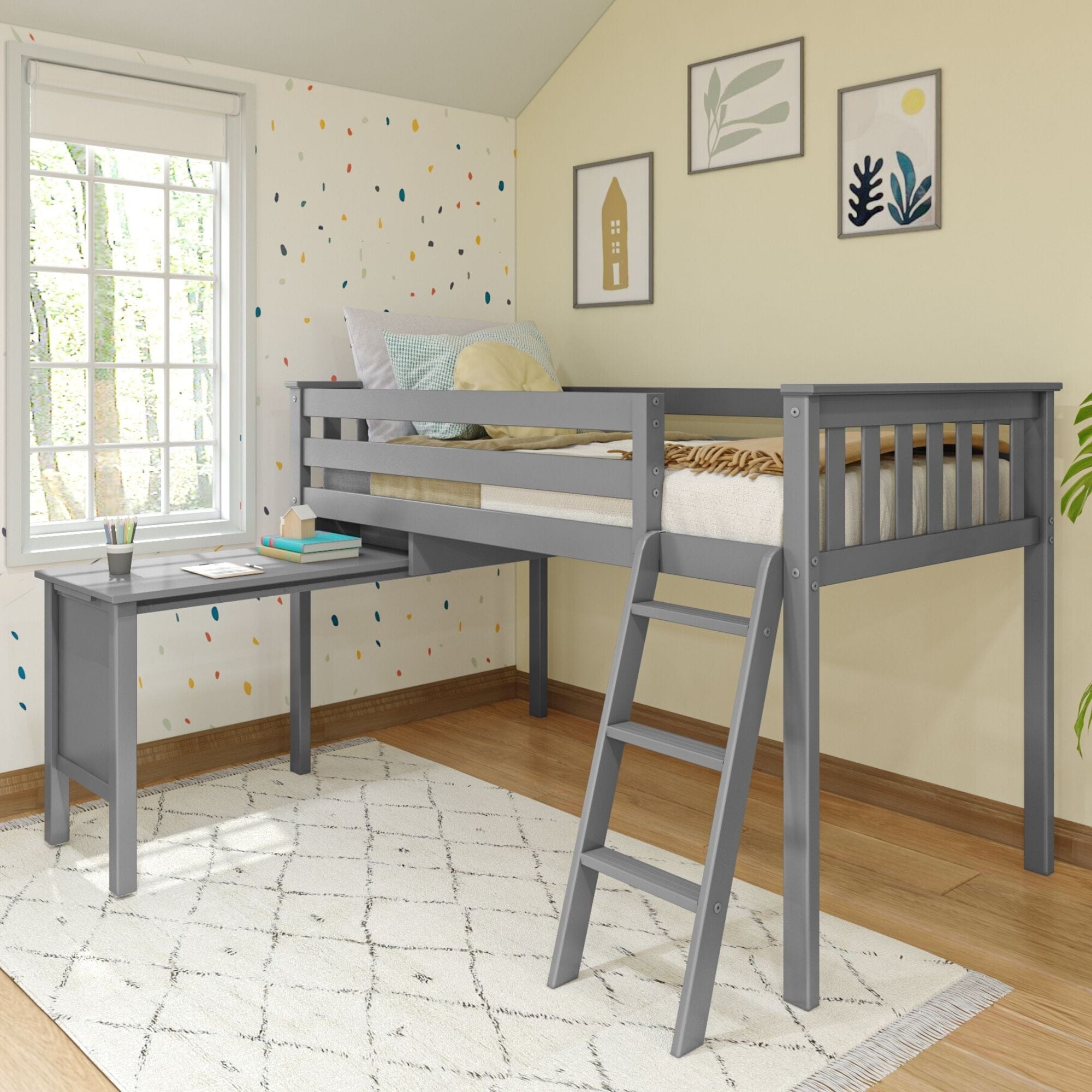 Grey loft store bed with desk