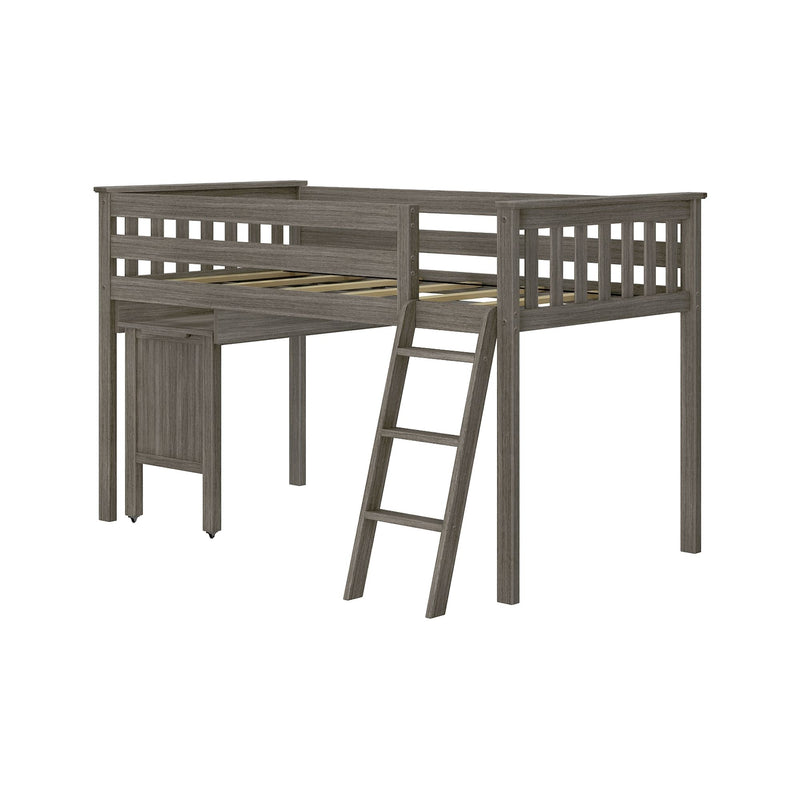Space-saving grey wood twin loft bed with ladder, slatted guardrails and under-bed storage/desk for kids