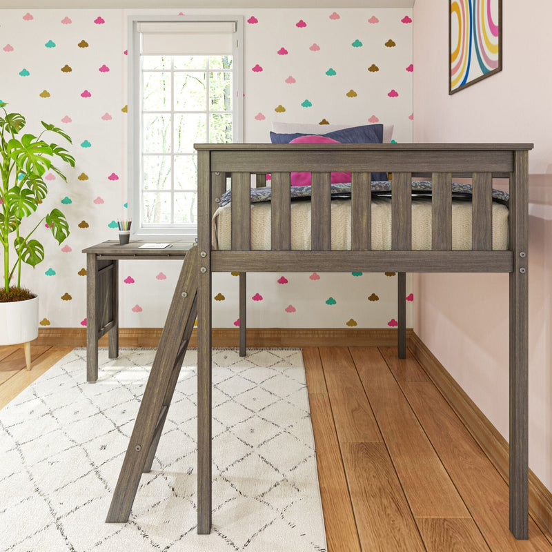 Loft bed with attached desk in colorful children's room with cloud-themed wallpaper and wooden flooring.