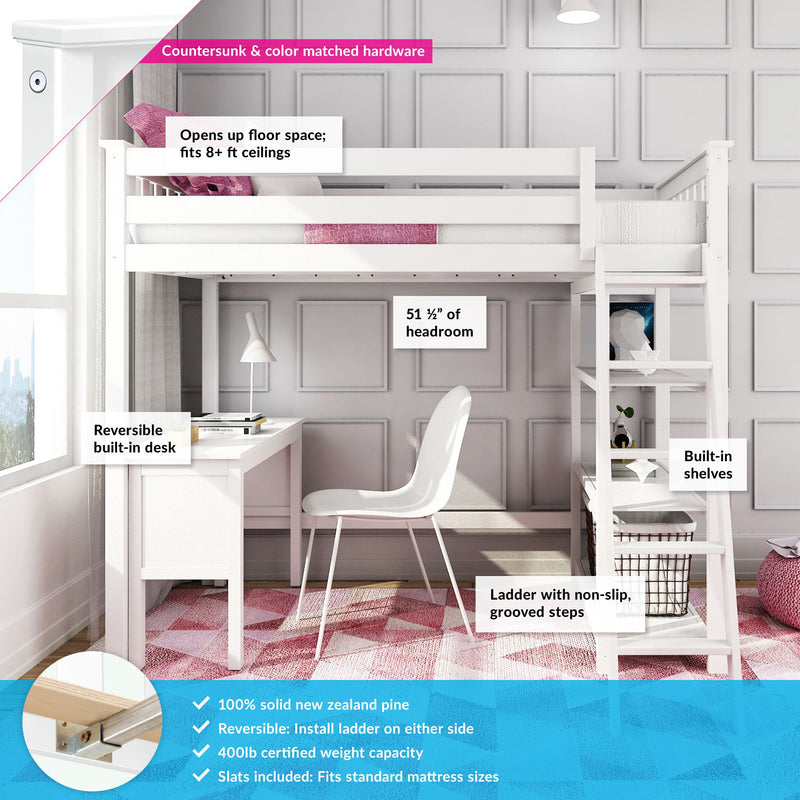 White loft bed with built-in desk and shelves, reversible ladder, ideal for 8+ ft ceilings, featuring New Zealand pine and 400lb weight capacity.