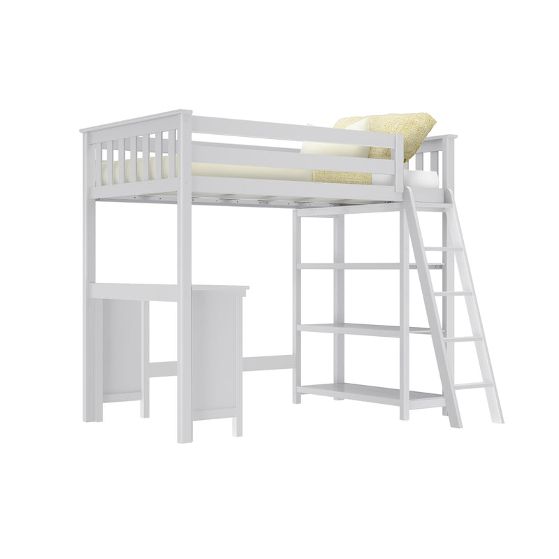 White wooden loft bed with ladder, built-in desk, and shelving, ideal for maximizing space in small bedrooms.