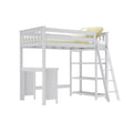White wooden loft bed with angled ladder, built-in desk and open shelving, twin mattress with yellow pillows