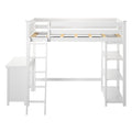 White wooden loft bed with built-in ladder, integrated desk and open shelves, space-saving kids and teen bedroom furniture