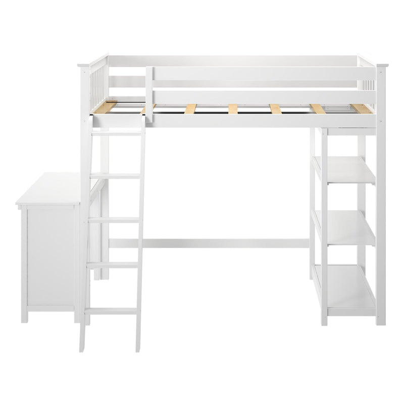 White wooden loft bed with built-in ladder, integrated desk and open shelves, space-saving kids and teen bedroom furniture